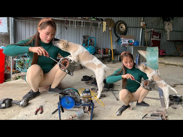 The amazing repair girl successfully repaired the electric motor used for the vegetable slicer.