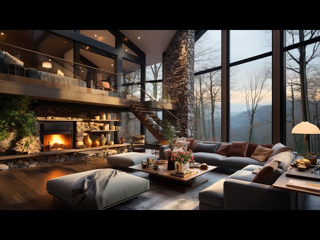 Warm Jazz Music In Cozy Wood Cabin Ambience With Crackling Fireplace🔥 Elegant Jazz Evening For Sleep