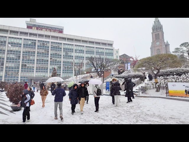 4K Snowfall in Seoul, Korea | Myeongdong Snow Walk -1°C Frozen Winter day