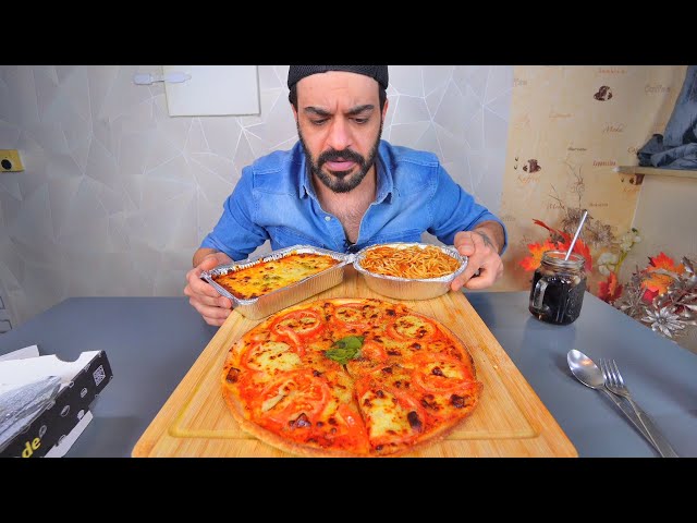 اشهر ثلاث اكلات ايطالية من مطعم ايطالي شعبي بيتزا و لازانيا و سباغيتي Mukbang Italian Food Takeaway