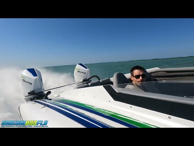 Fountain Thunder Cat 34 performance boat powered by a pair of Mercury Racing 300R engines