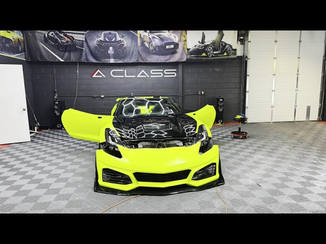 The process of wrapping this Corvette C7 with 3M Satin Neon Yellow Vinyl and Gloss Coloured PPF