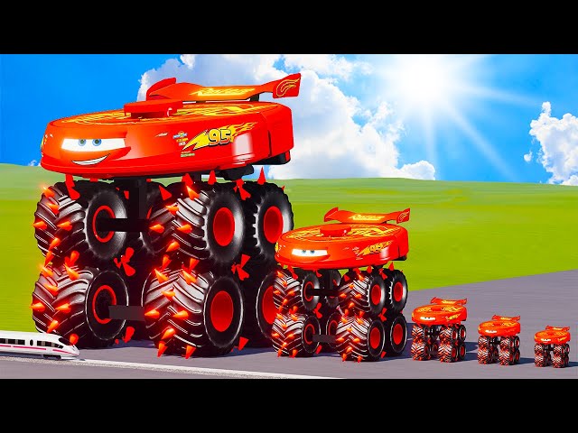 Big & Small Monster Truck Lightning McQueen Spiked Thorns vs Thomas the Train BeamNG.Drive