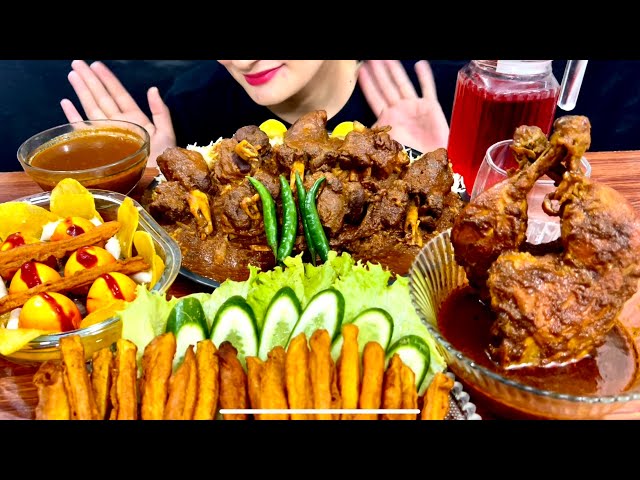 ASMR:EATING *SPICY MUTTON CURRY * & CHICKEN LEG CURRY, EGGS, FRIES, GREEN CHILLI || MUKBANG