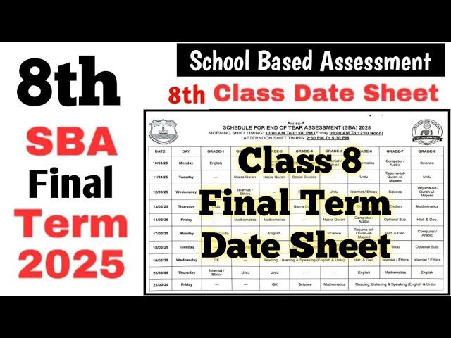 8th Class Sba Final term date sheet 2025 | School based assessment date sheet final term class 8