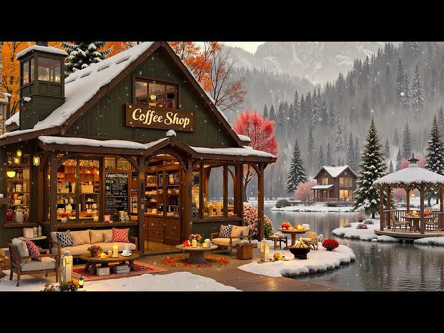 Smooth Winter Jazz Music to Relax ❄️ Lakeside Winter Coffee Shop Ambience & Crackling Fireplace