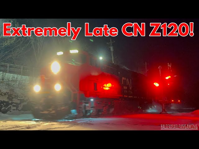 REALLY LATE CN Z120 with 3099 leading at Shore Drive Level Crossing, Bedford, NS.