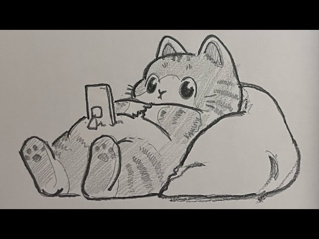 Cute Cat Drawing Watching a Movie on Phone | Step-by-Step Pencil Sketch