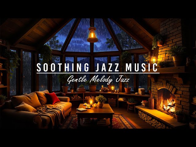 Rainy Day in Warm Cabin Ambience 🌨️ Soothing Jazz Music with Pattering Rain Sounds for Work & Study