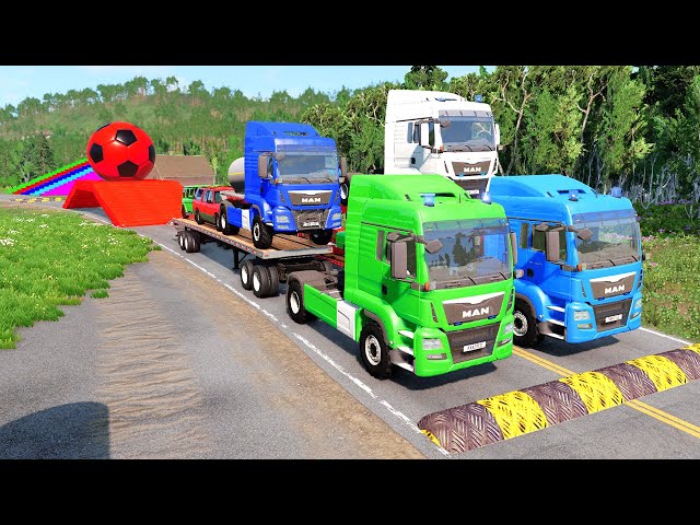 Double Flatbed Trailer Truck vs Speedbumps Train vs Cars  Tractor vs Train Beamng Drive 005