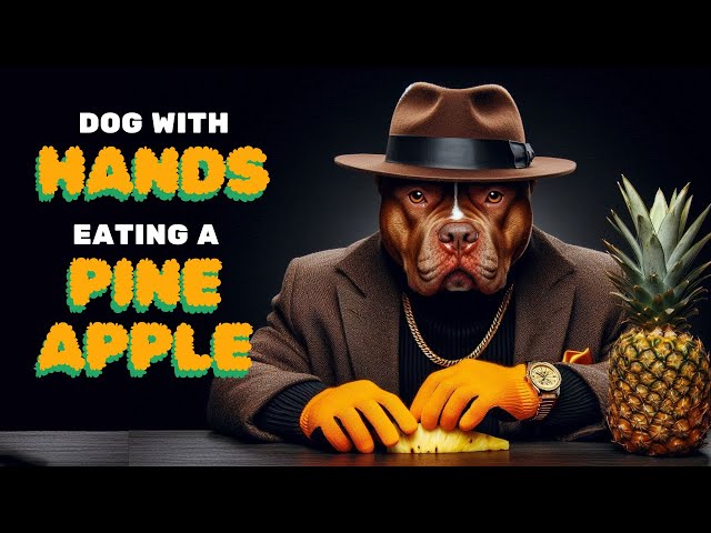 Dog with Hands Eating a Pineapple