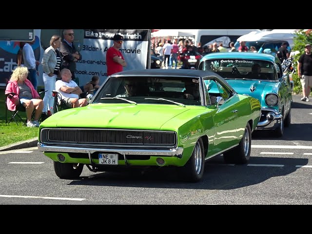 Classic US & Muscle Cars leaving a Car Show in Grefrath- Impala, Nova, Coronet, Mach 1, El Camino..