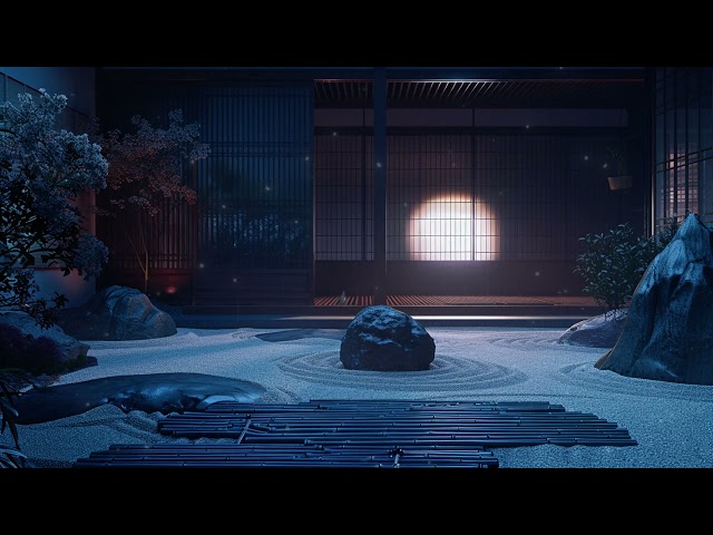 ambient Kyoto: Japanese zen garden with winter snowfall - traditional music relaxing and meditation