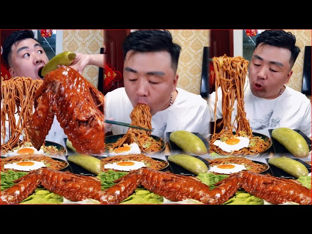 ASMR EATING | Xiaofeng Mukbang Hot Dry Noodles, Wax gourd, Fried Chicken wings