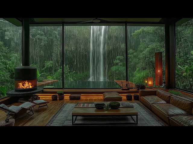 Warm Jazz Music With Waterfall Sound In Living Room - Smooth Jazz Music By Fireplace On Rainy Day