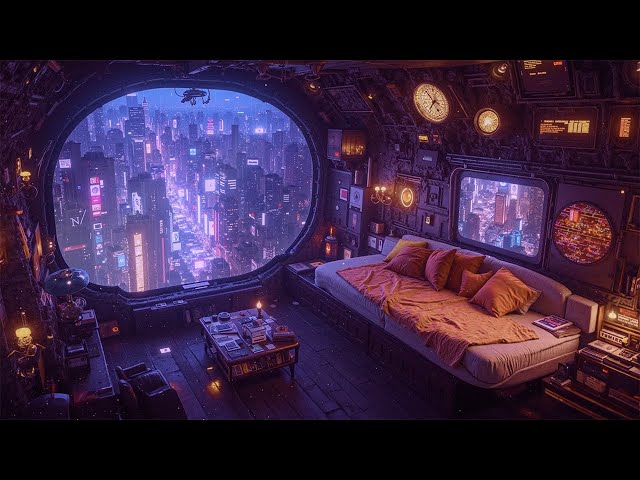 Cozy Cyberpunk Loft 🎶 Rain and Dark Ambient Music ☔ Cyberpunk City Overlook