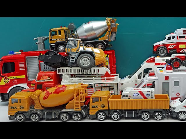 Full function construction vehicle set.Truck towing.Ambulances,fire truck with siren L4#351