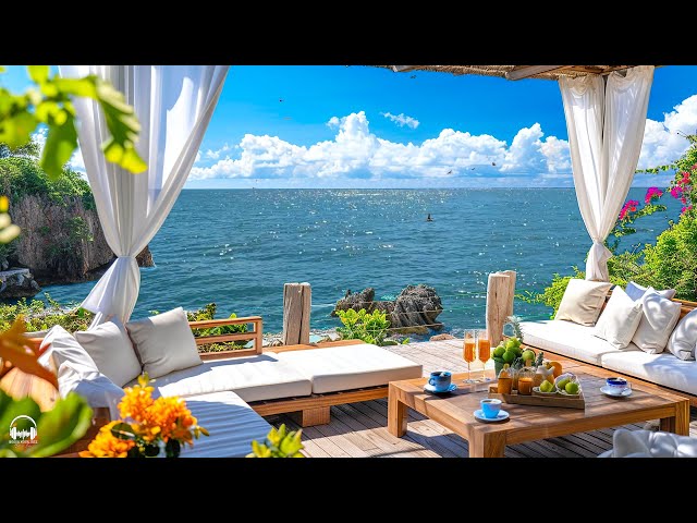 Elegant Bossa Nova Jazz Music & Ocean Wave Sounds at Seaside Cafe Ambience for Relax, Stress Relief