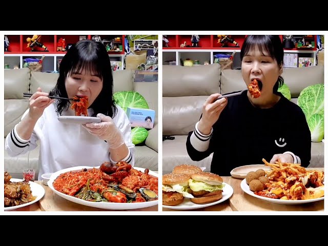 Spicy, chicken, hamburger, mukbang.