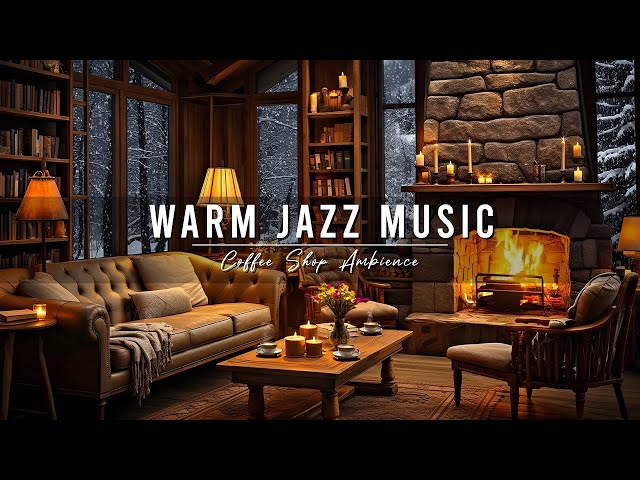 Cozy Winter Coffee Shop Ambience with Warm Piano & Crackling Fireplace to Relaxing, Study, and Work