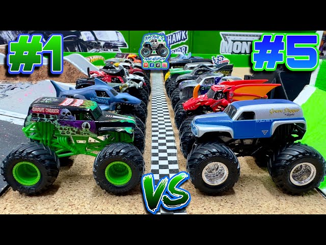 Toy Diecast Monster Truck Racing Tournament | Throwback Race #3 |  2019 Series #1 🆚 #5 + BARRELS!