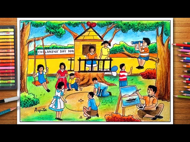 How To Draw Children's Day Special Drawing | Children's Day Drawing | Child Park Scenery Drawing