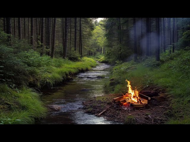 Relaxing Crackling Fireplace with Soft Forest Sounds and Stream Ambience