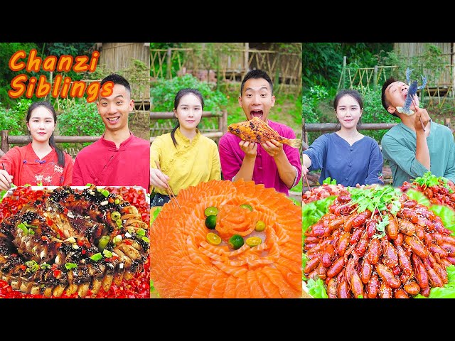 Blue Lobster!😲How to Make Salmon Flower Seafood Recipe|Mukbang Eating Challenge| Village Cooking