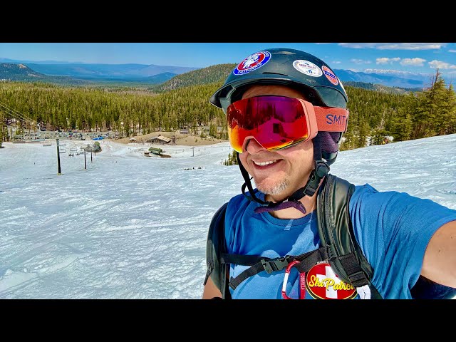 Spring Skiing in May on Stump Alley at Mammoth Mountain on very sunny hot Friday