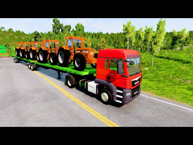 Double Flatbed Trailer Truck vs Speedbumps Train vs Cars | Train Tractor | Beamng.Drive Kon 3