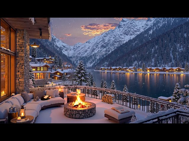 Cozy Winter Night ~ Smooth Jazz | Tranquil Firelit Terrace with Snowy Mountain and Lakeside Serenity