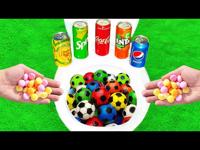 Experiment , FOOTBALL vs Coca Cola, Sprite,Fanta, Chupa Chups, Pepsi and Fruity Mentos in the toilet