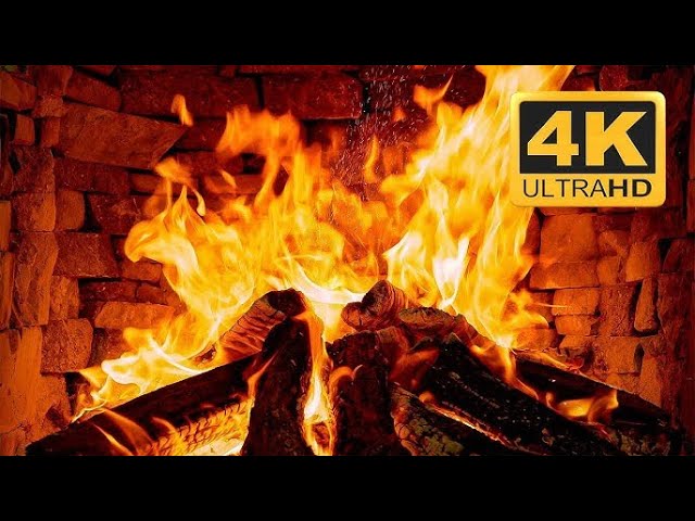 Cozy Fireplace With Orange And Blue Color Flames, Crackling Fireplace With A Large Burning Log