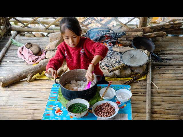 Poor girl struggles danger in the middle of the forest with simple meal she found in the wild forest