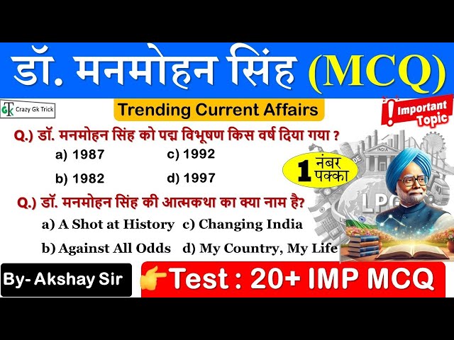 Current Affairs 2024 | Dr. Manmohan Singh | IMP MCQ | Manmohan Singh Current Affairs | By Akshay Sir