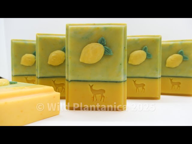 Lemon Cold Process soap, Green pencil mica line natural plant colors, embeds placed on top.