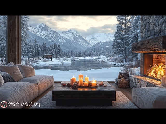 Sunrise By The Lake In Winter Ambience ❄️ Crackling Fireplace & Snowy Ambience for Relaxation