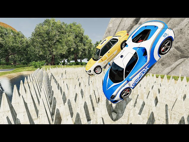 Cars Vs Long Spear Trap - High Fall Crash / BeamNG Drive