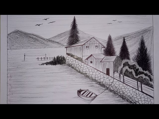 River side Houses in a Scenery Art with Pencil