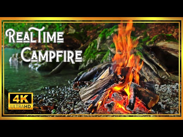 4K Real-time Campfire by the crystal-clear Lake with Gentle Waves Sounds – Stress Relief / Romantic