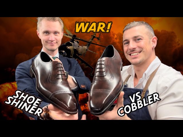 Shoe Shiner vs Cobbler Mirror Shine contest! How to mirror polish shoes