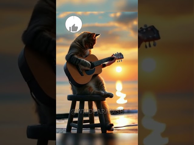 Relaxing Sunset Serenade: Cat  Plays Guitar by the Sea 🌅🎸