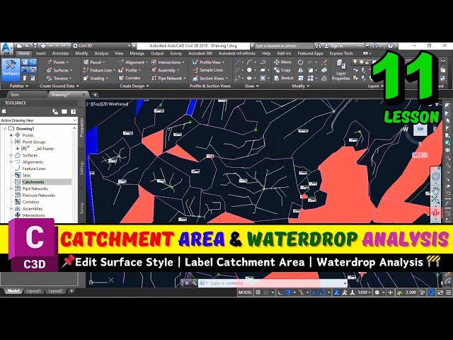 Create Catchment Area and Waterdrop Analysis in Civil 3D | Civil 3D Tutorial | Lesson 11