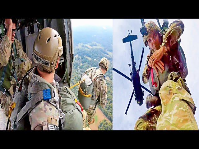 U.S. Army Rangers Jump from Black Hawk Helicopter with MC-6 Parachute