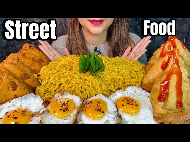 Eating Maggi, Egg Fried, Samosa, Bread Pakoda | INDIAN STREET FOOD ASMR MUKBANG SPICY