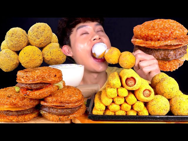 ASMR 뿌링클 치즈스틱 쫀득핫도그 치즈볼😋전주 비빔라이스 버거 먹방~!! Rice Burger With Cheese Stick Cheese Ball MuKBang~!!