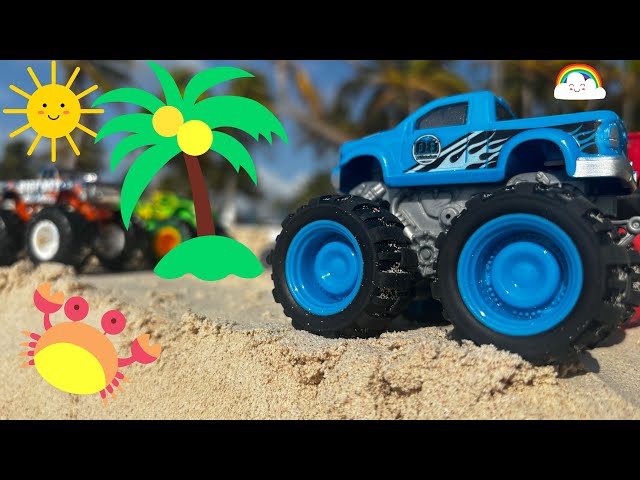 Big Monster Truck Race! Racing on the Beach!