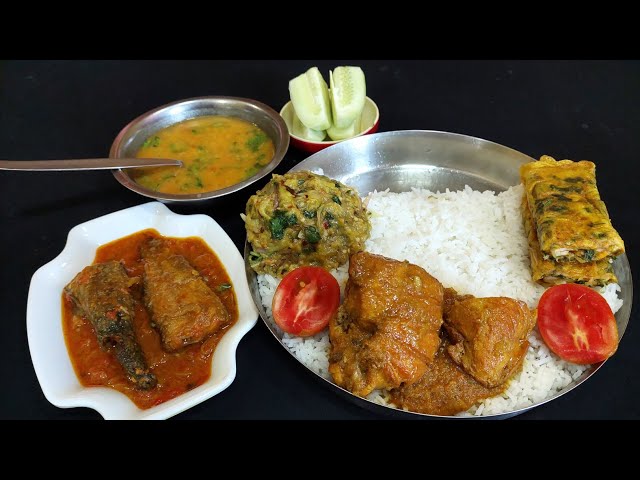 shing fish curry chicken curry dal egg fry Eggplant stuffing and rice today i eat | eating show