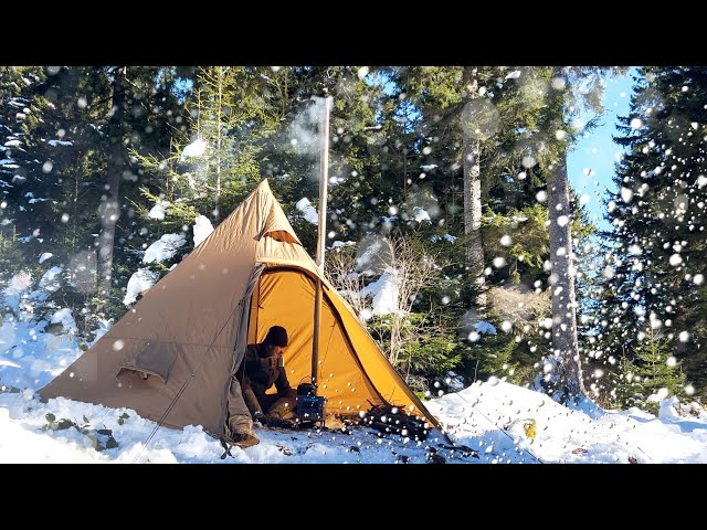 Warm Tent Winter Camping in Strong Wind in Snowy High Mountains