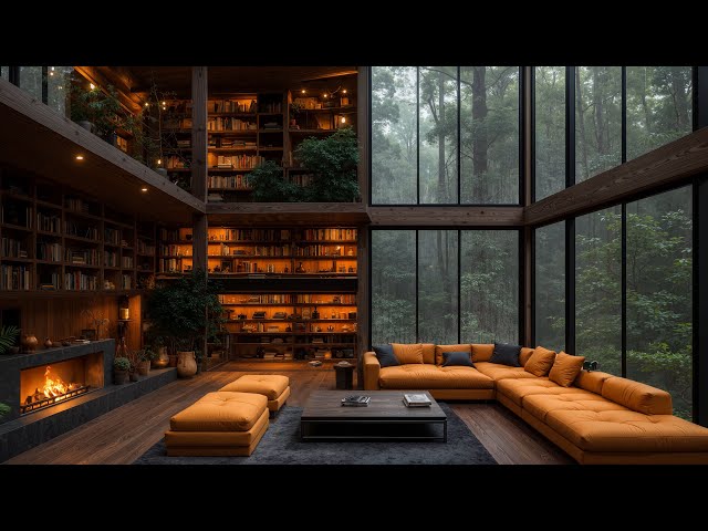 Cozy House Inside Forest on Rainy Day Ambience 🌧️ Smooth Piano Jazz Music for Study, Work, Relaxing